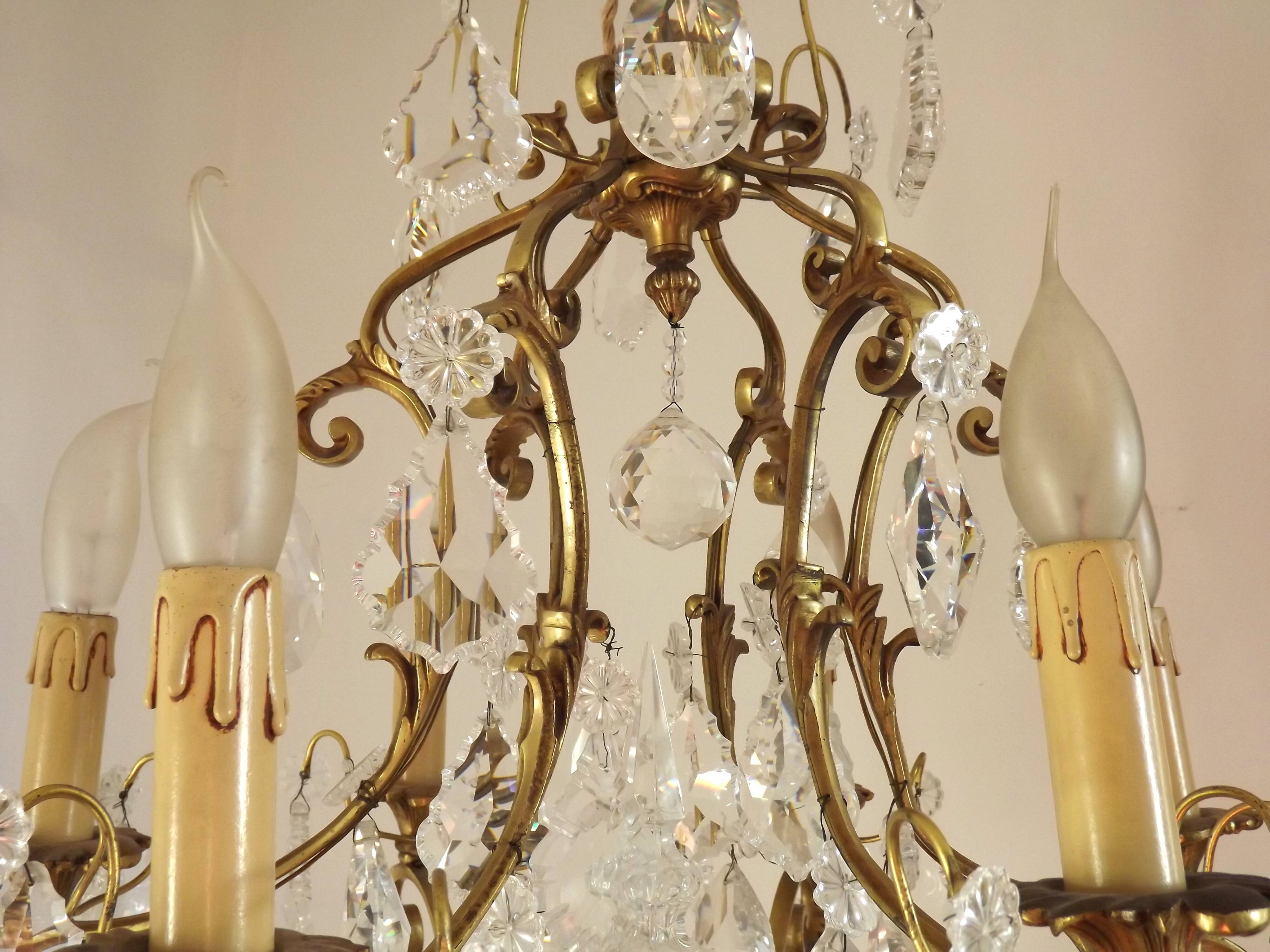 French Art Nouveau chandelier with 6 lights in bronze and crystal Acanthus 5552