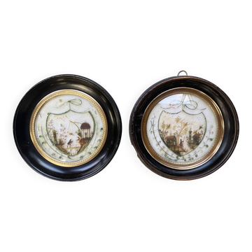 Pendant de miniatures tableaux XIX° Pêcheur et tombeau Nap. III