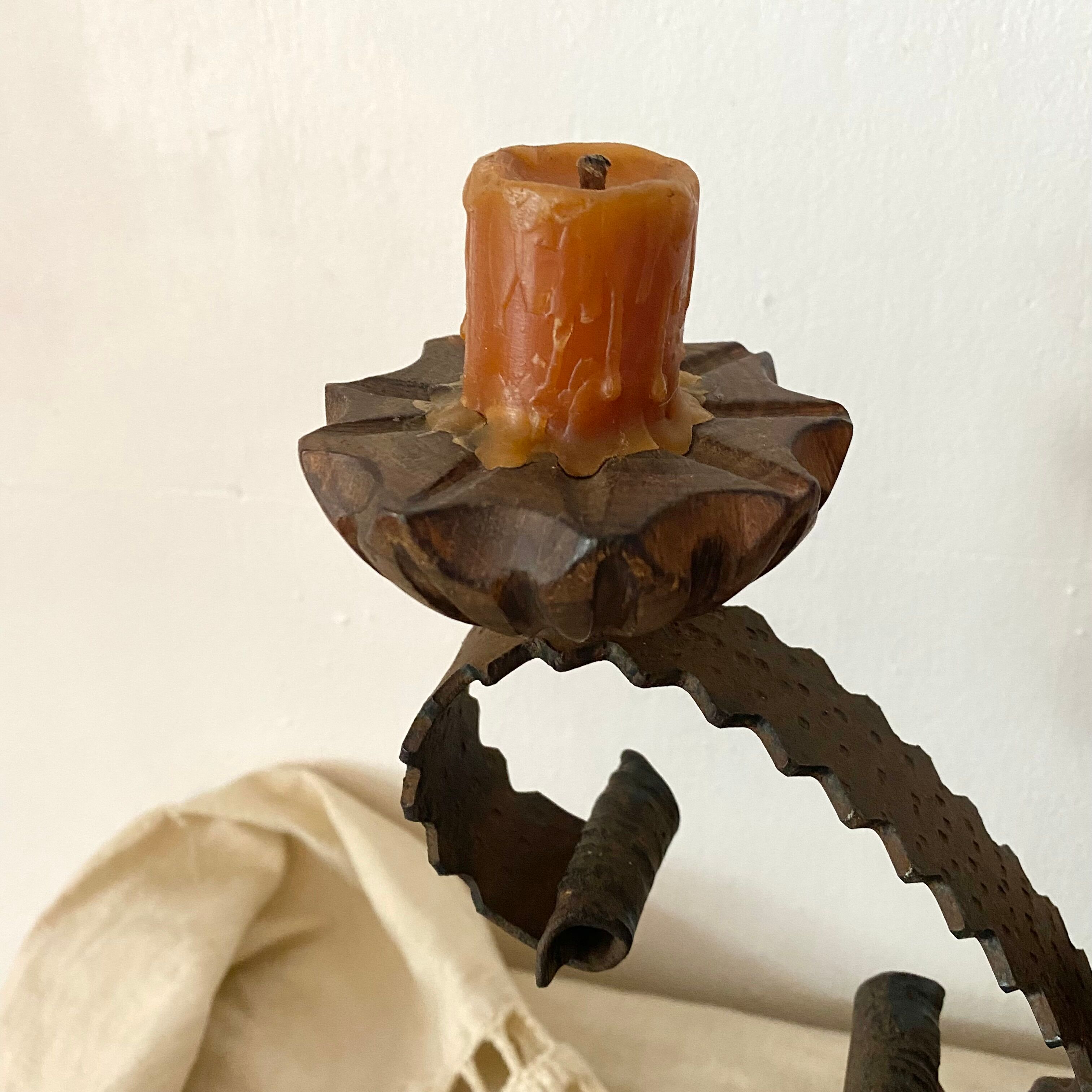 Vintage wooden and wrought iron chandelier