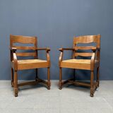 Set of two Dutch oak armchairs with rush seats