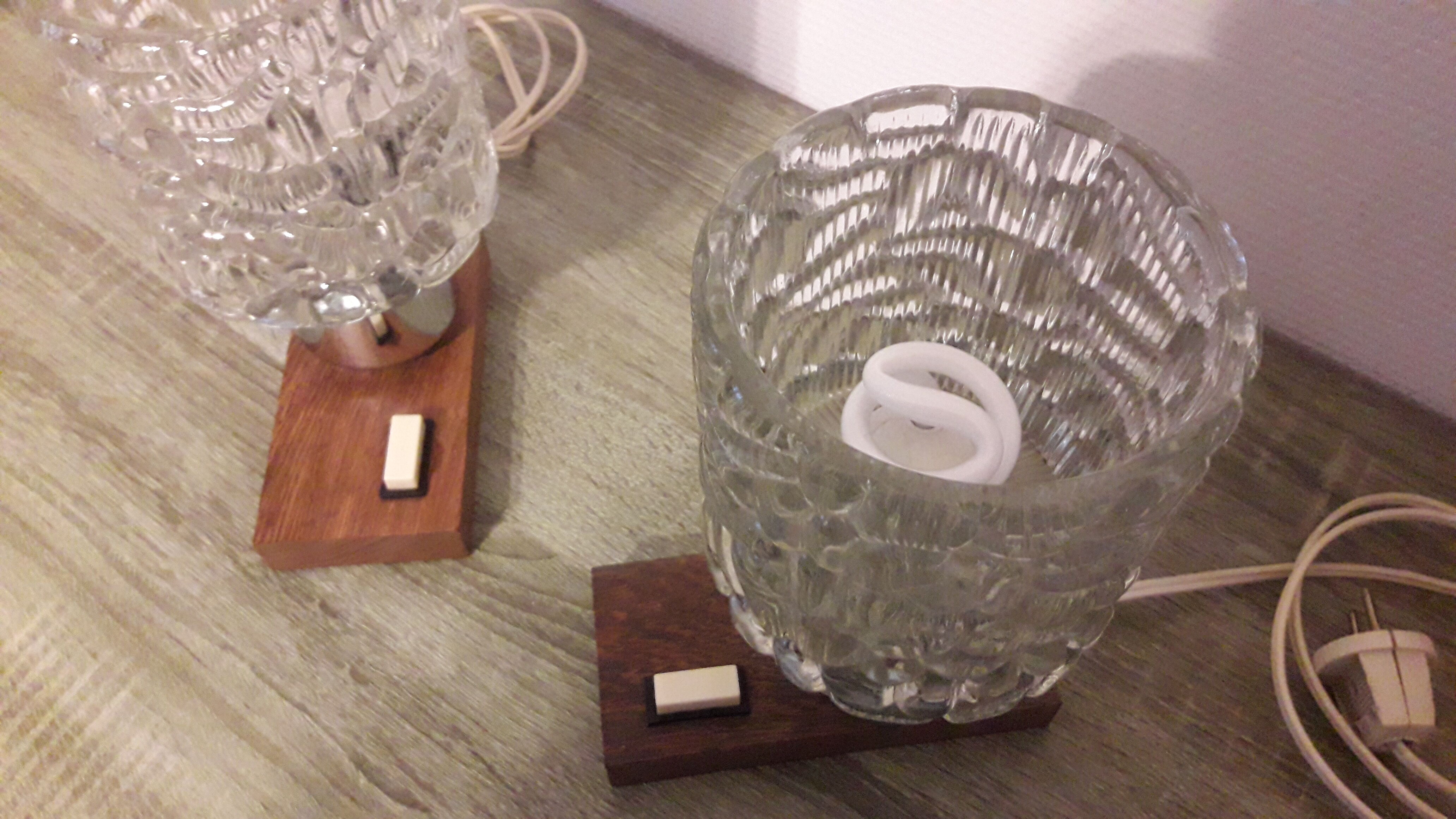 Pair of glass and wood bedside lamps