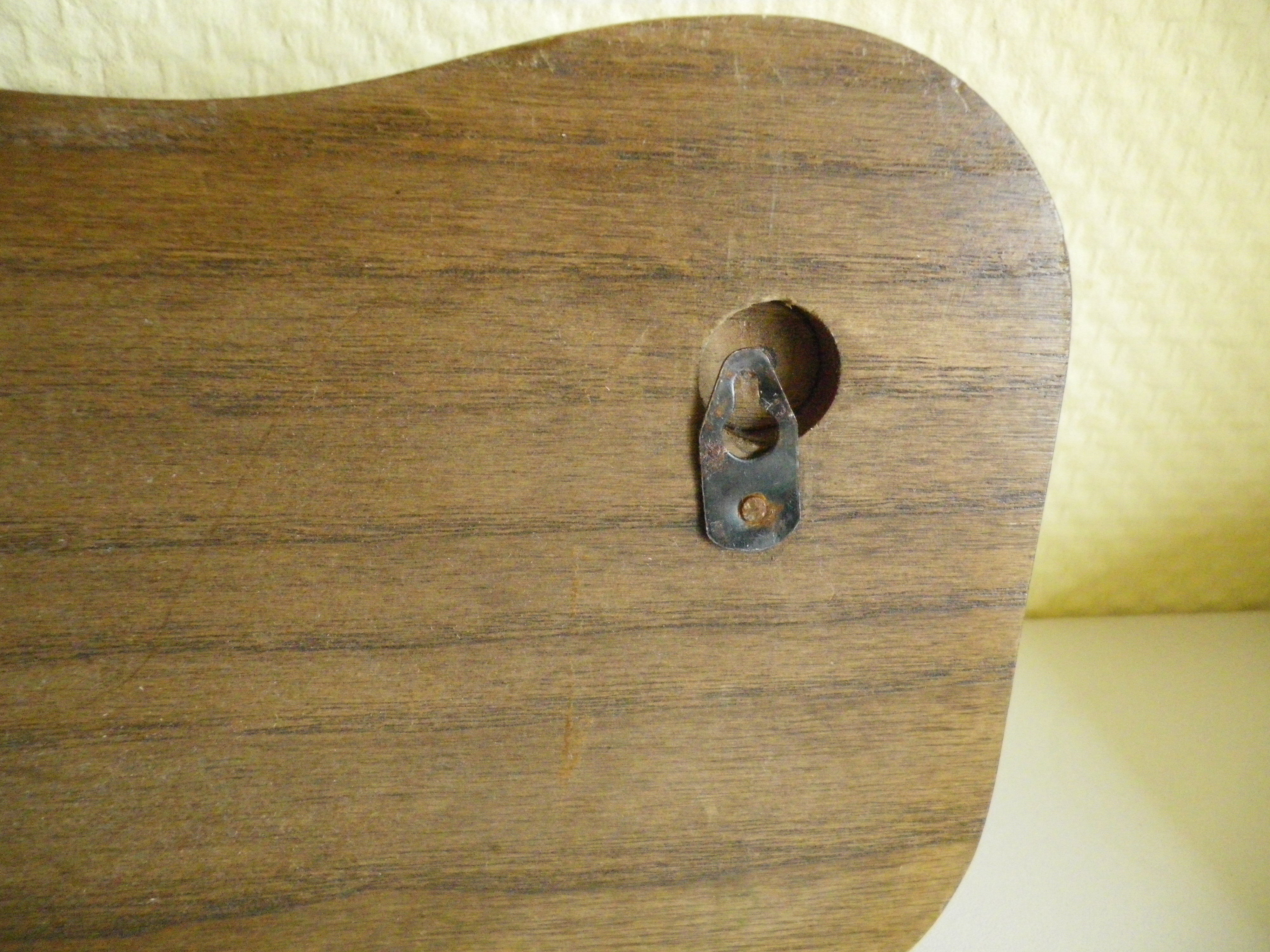 Wooden wall coat rack and its 4 wrought iron hangers, 60s