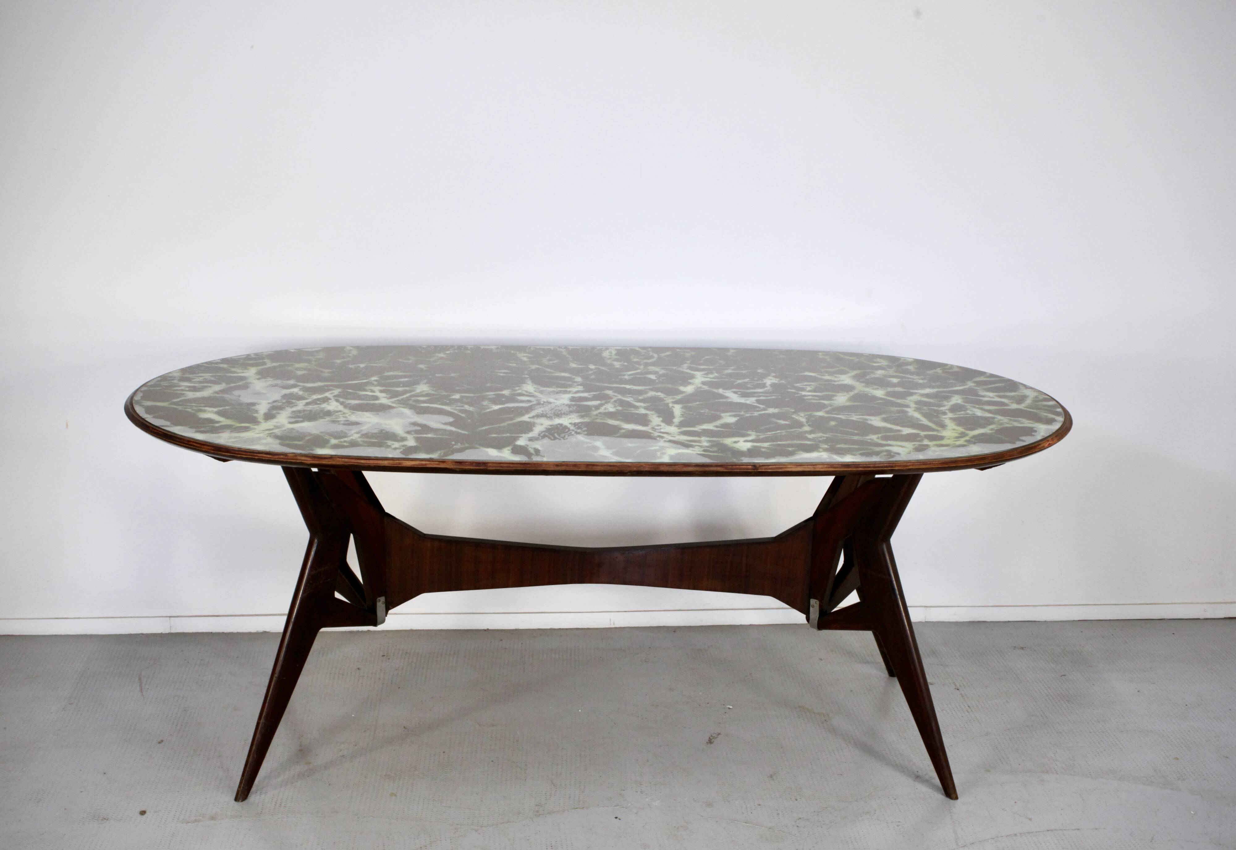 Midcentury Italian Oblong Marble Effect Table With Wood Base.