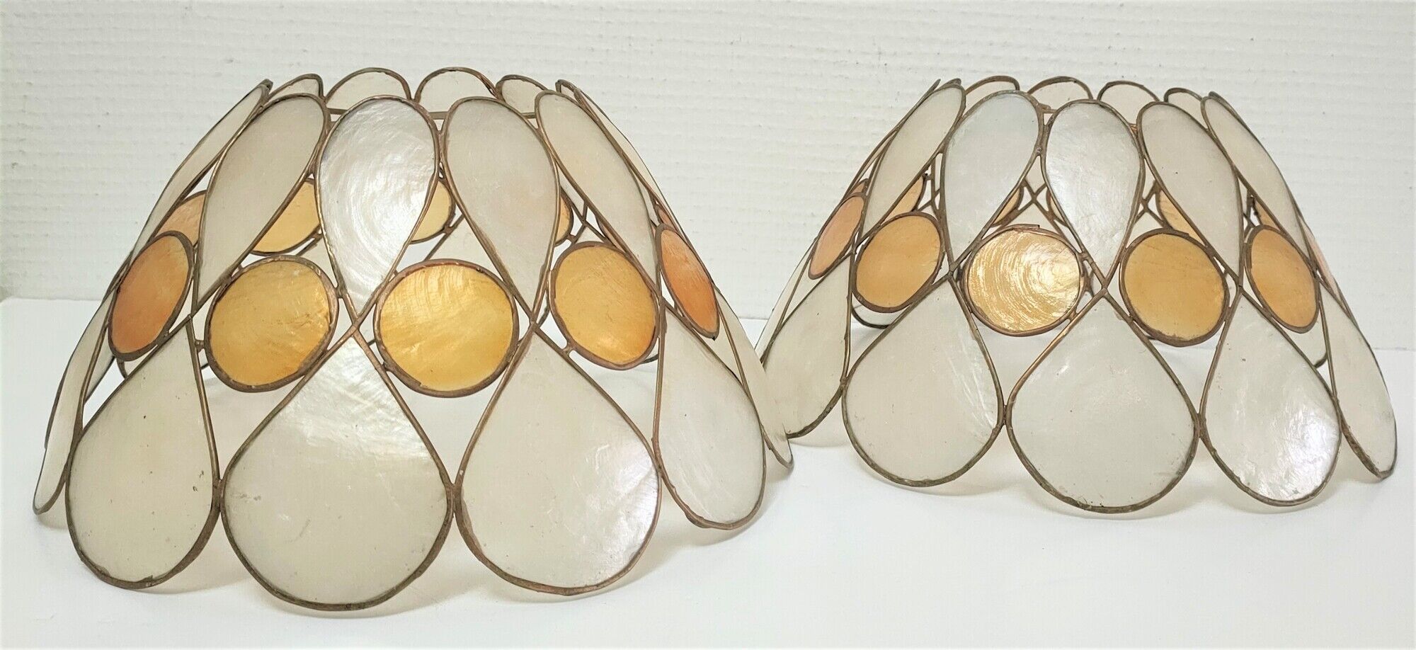 Pair of Capiz mother-of-pearl lampshade and vintage gilded metal