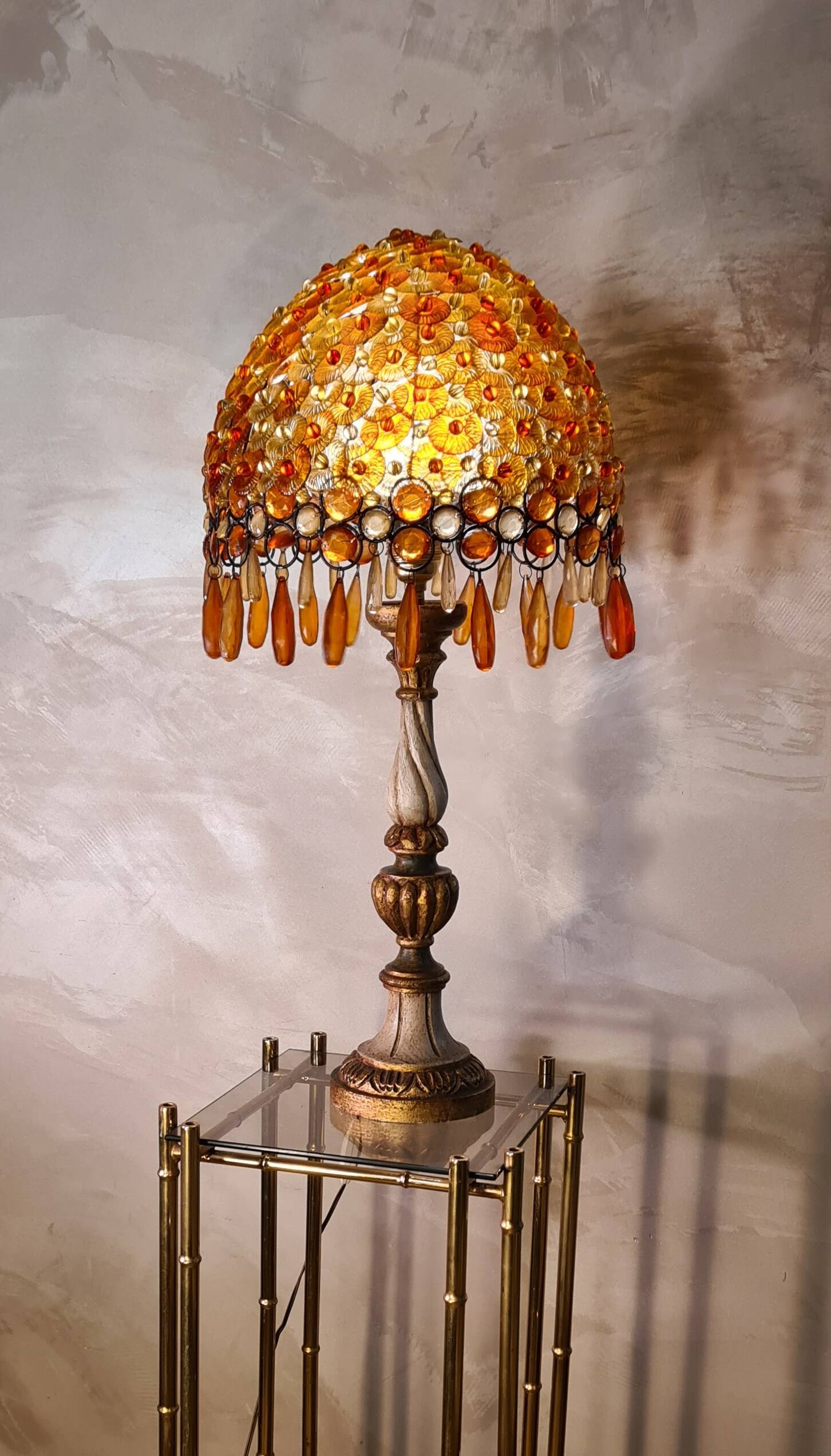 1970 lamp, patinated painted wood, and amber acrylic lampshade 70x28 elec ok;