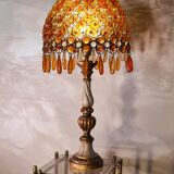 1970 lamp, patinated painted wood, and amber acrylic lampshade 70x28 elec ok;