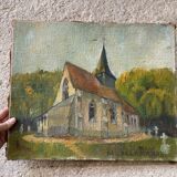 Huile sur toile, église de campagne