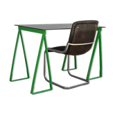 Bureau à trépieds des années 1980 laqué vert avec fauteuil de velours noir