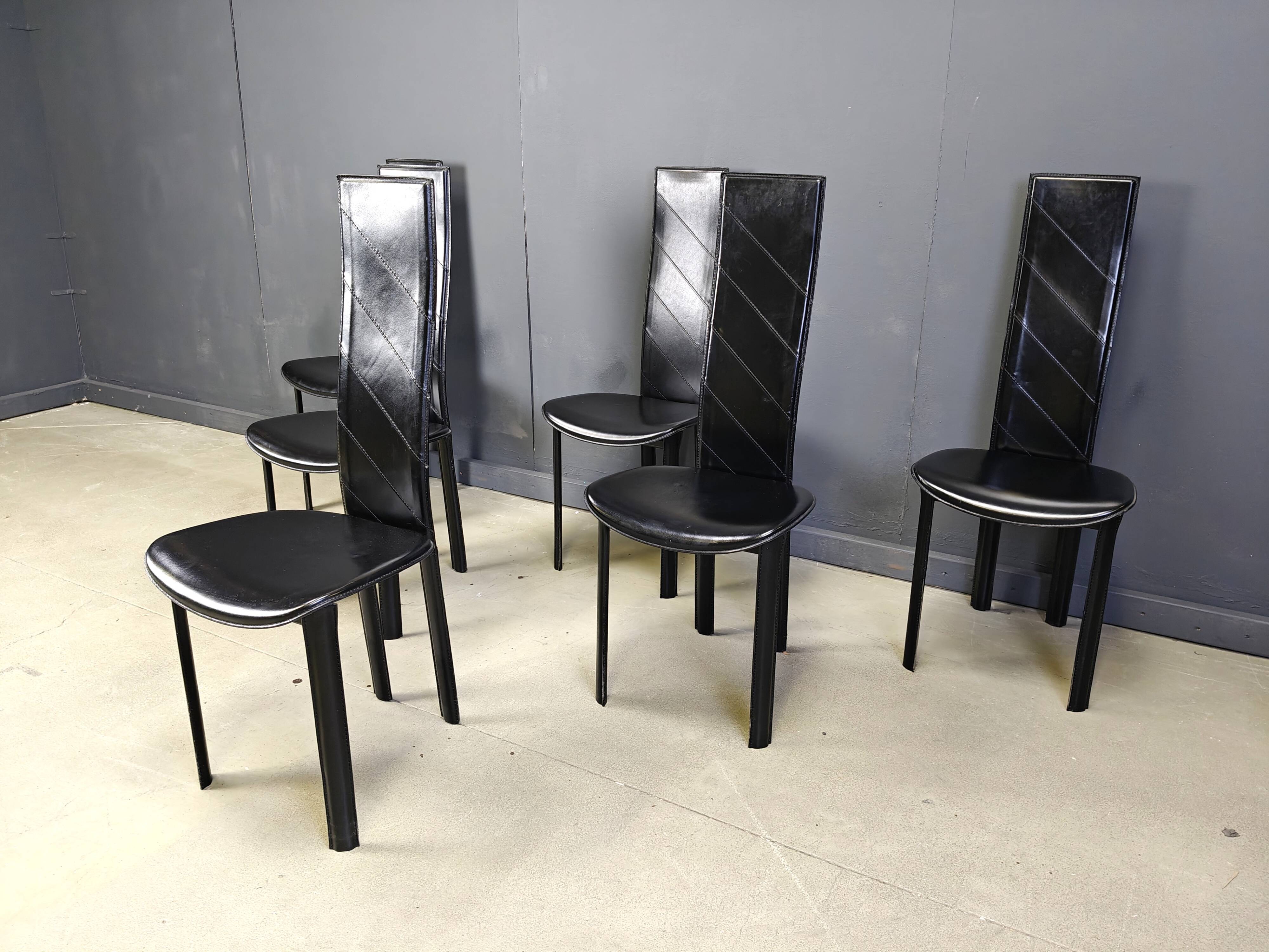Chaises de salle à manger vintage en cuir noir à dossier haut, lot de 6, années 1980