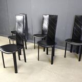 Chaises de salle à manger vintage en cuir noir à dossier haut, lot de 6, années 1980