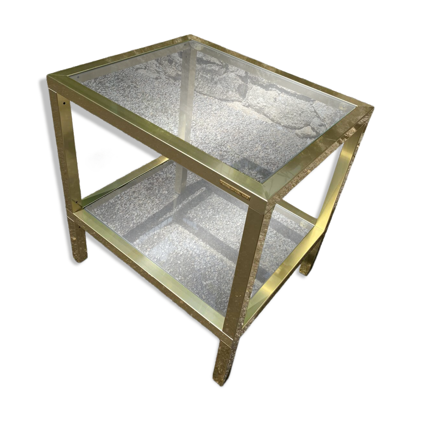 Vintage 1980s rectangular gold metal end table/shelf by pierre vande