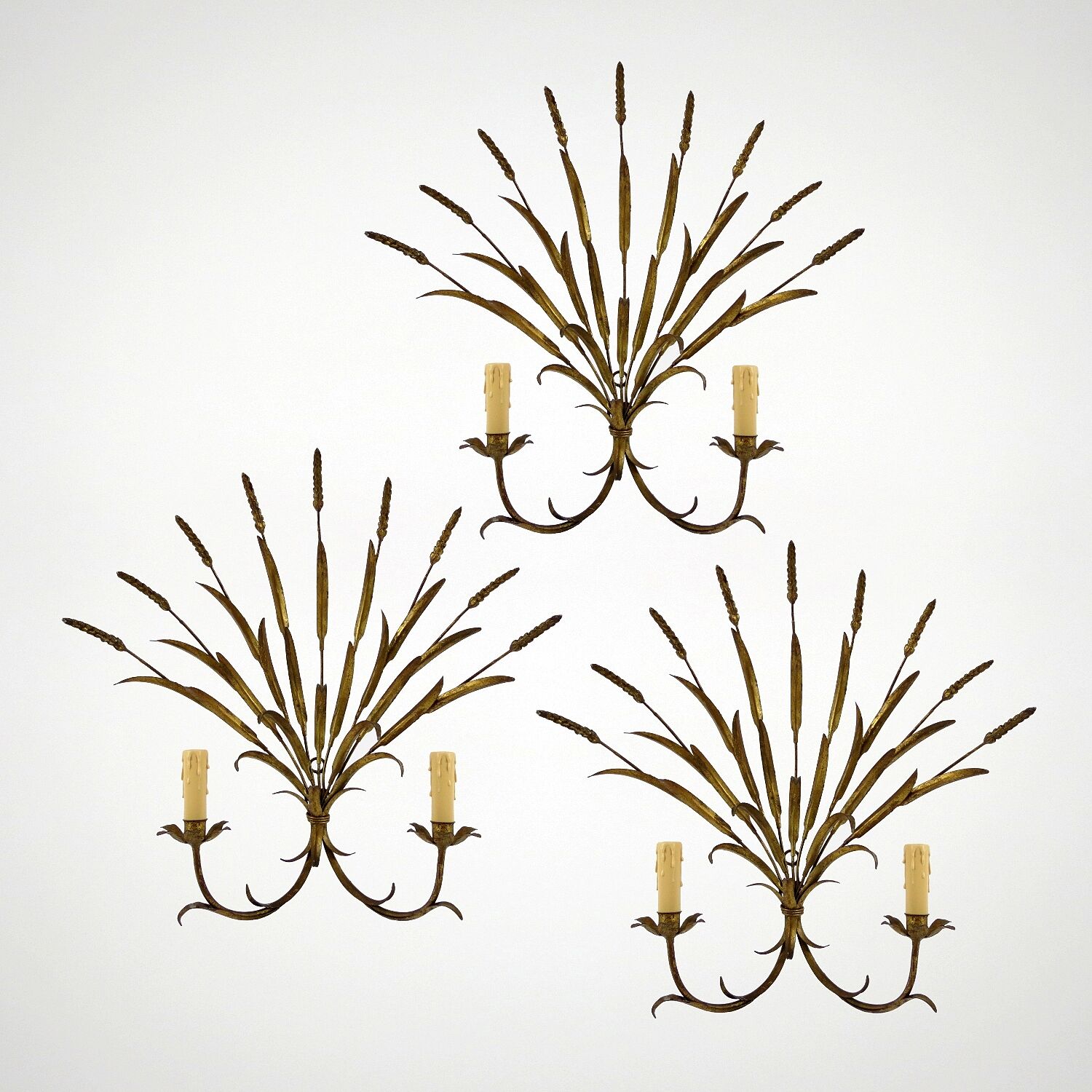 Set of 3 french wheat sheaf wall lamps, 1970s