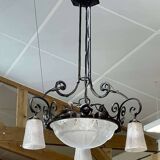 Art Deco chandelier in glass and wrought iron signed Muller Frères Luneville, 3 lights