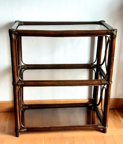 Rattan bookcase and smoked glass 1960