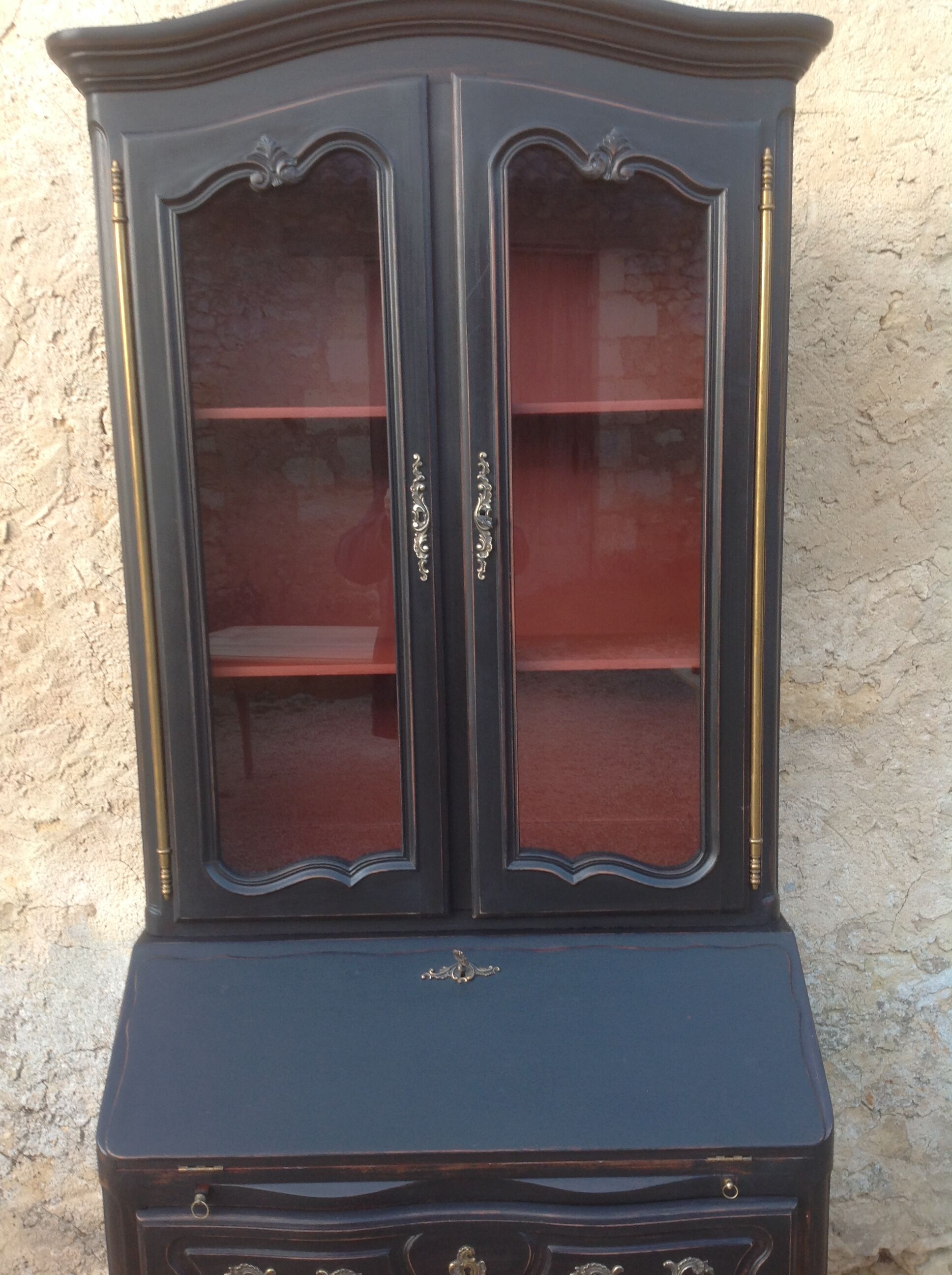 Louis XV style scriban bookcase in black and Basque red patinated cherry wood