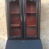 Louis XV style scriban bookcase in black and Basque red patinated cherry wood