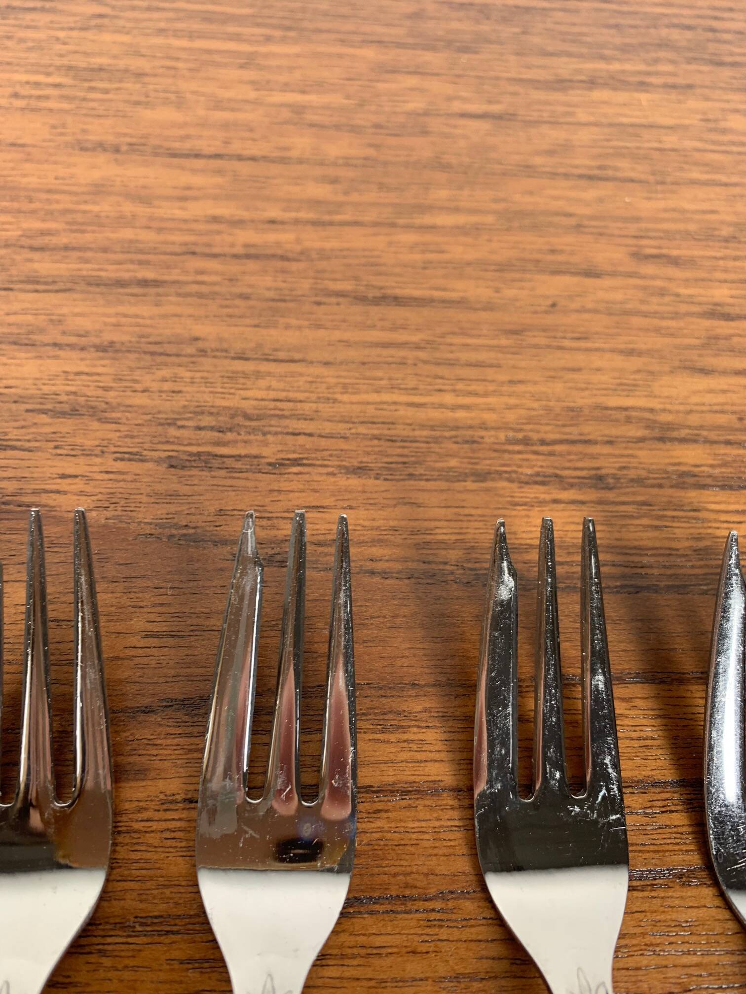 Set of 10+1 Japanese stainless steel dessert forks, rose pattern, 1970