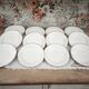 Set of 12 white earthenware dessert plates with a gold rim from Sarreguemines.
