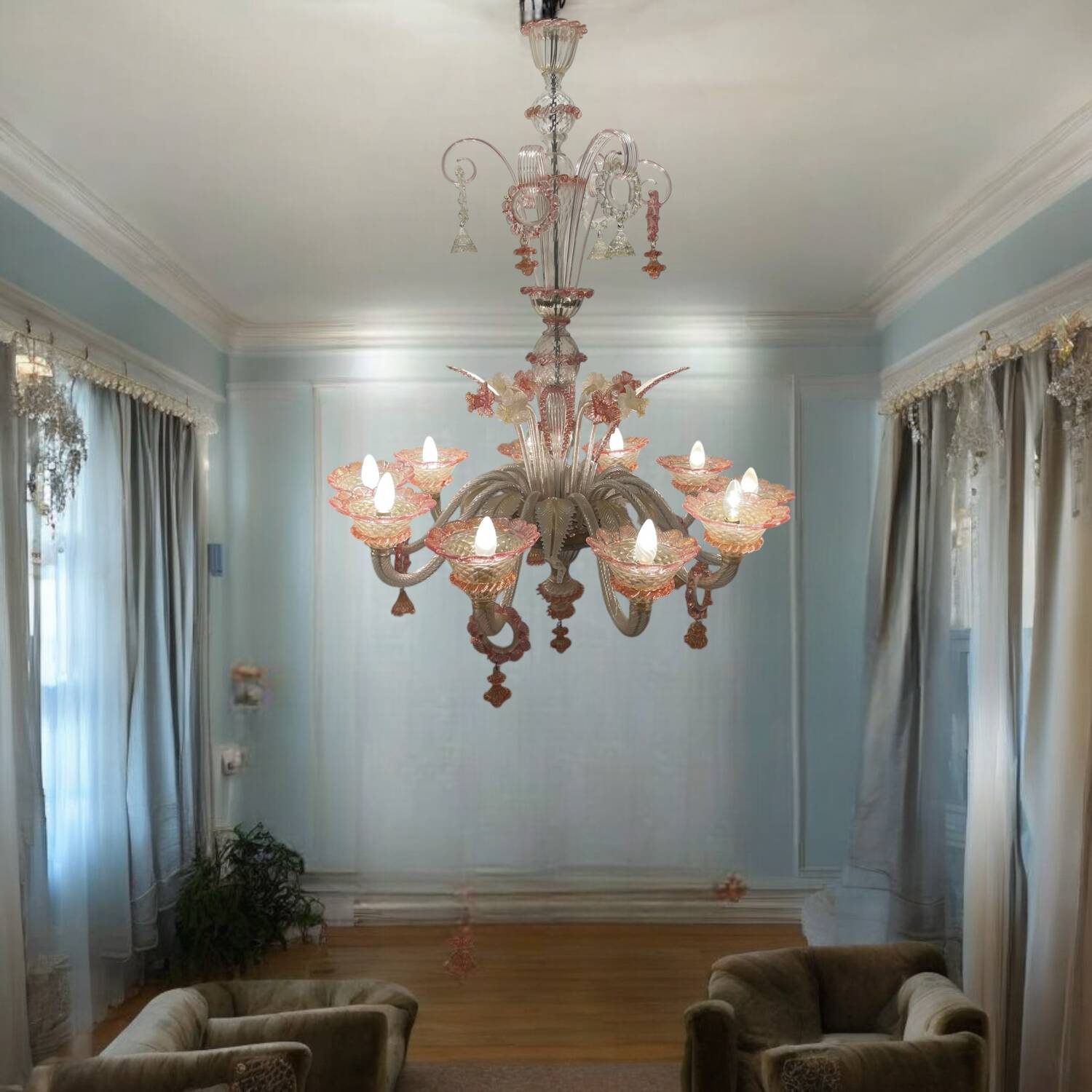 Large Venetian Pink Murano Glass Chandelier 1960’s