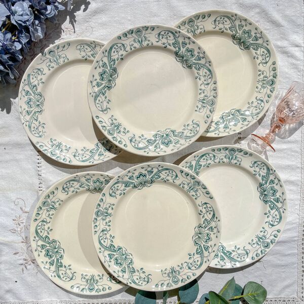 Lot de 6 Assiettes Plates Anciennes Terre de Fer ''Figuig'' – Longchamp XIXe