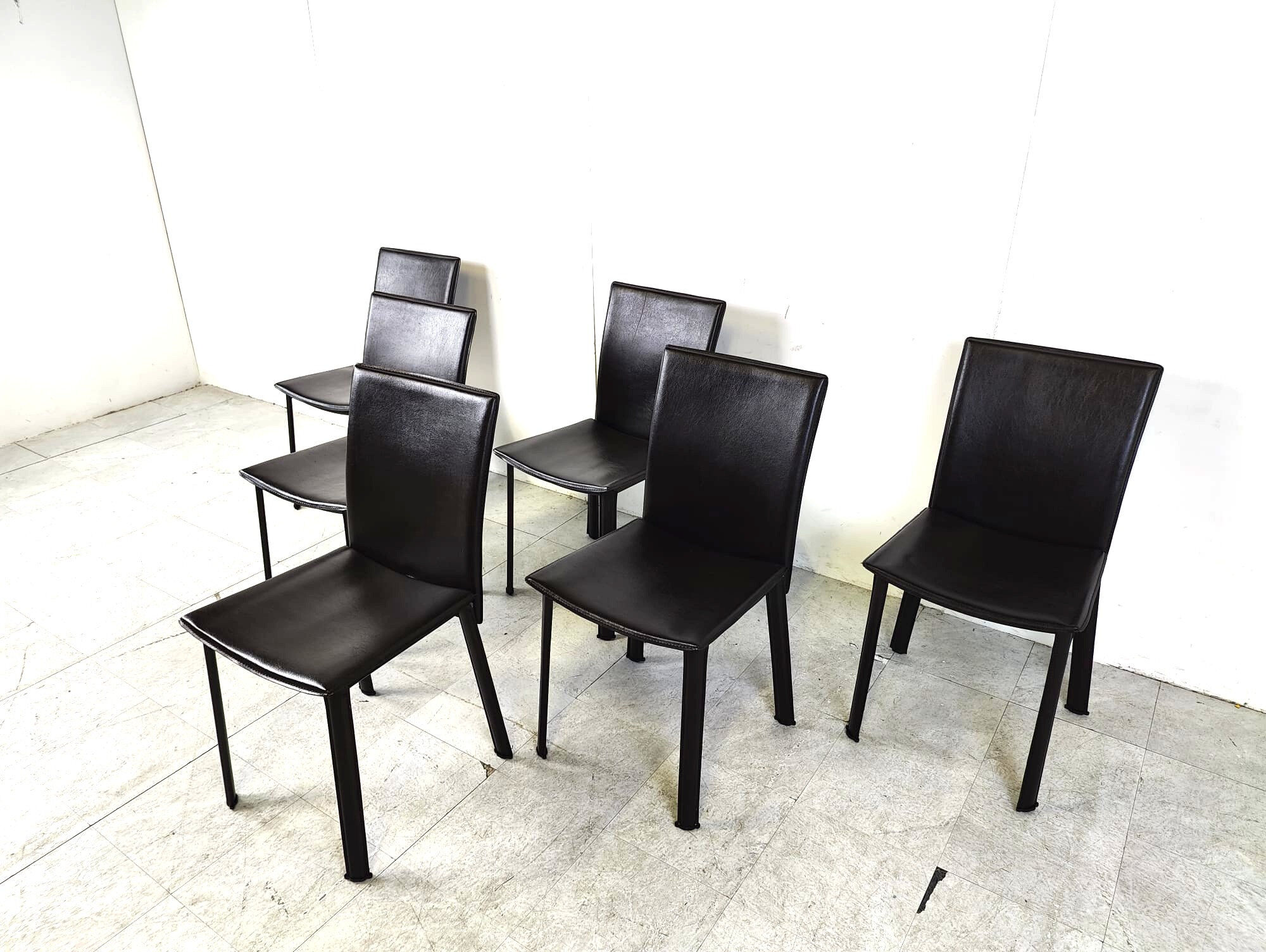 Dark brown leather dining chairs, set of 6 - 1980s