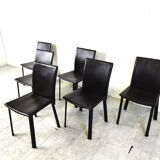 Dark brown leather dining chairs, set of 6 - 1980s