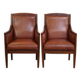 Set of 2 cognac-colored cowhide Art Deco design armchairs