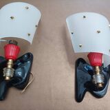 Pair of vintage wall lights Rockabilly 1950s brass, black and red
