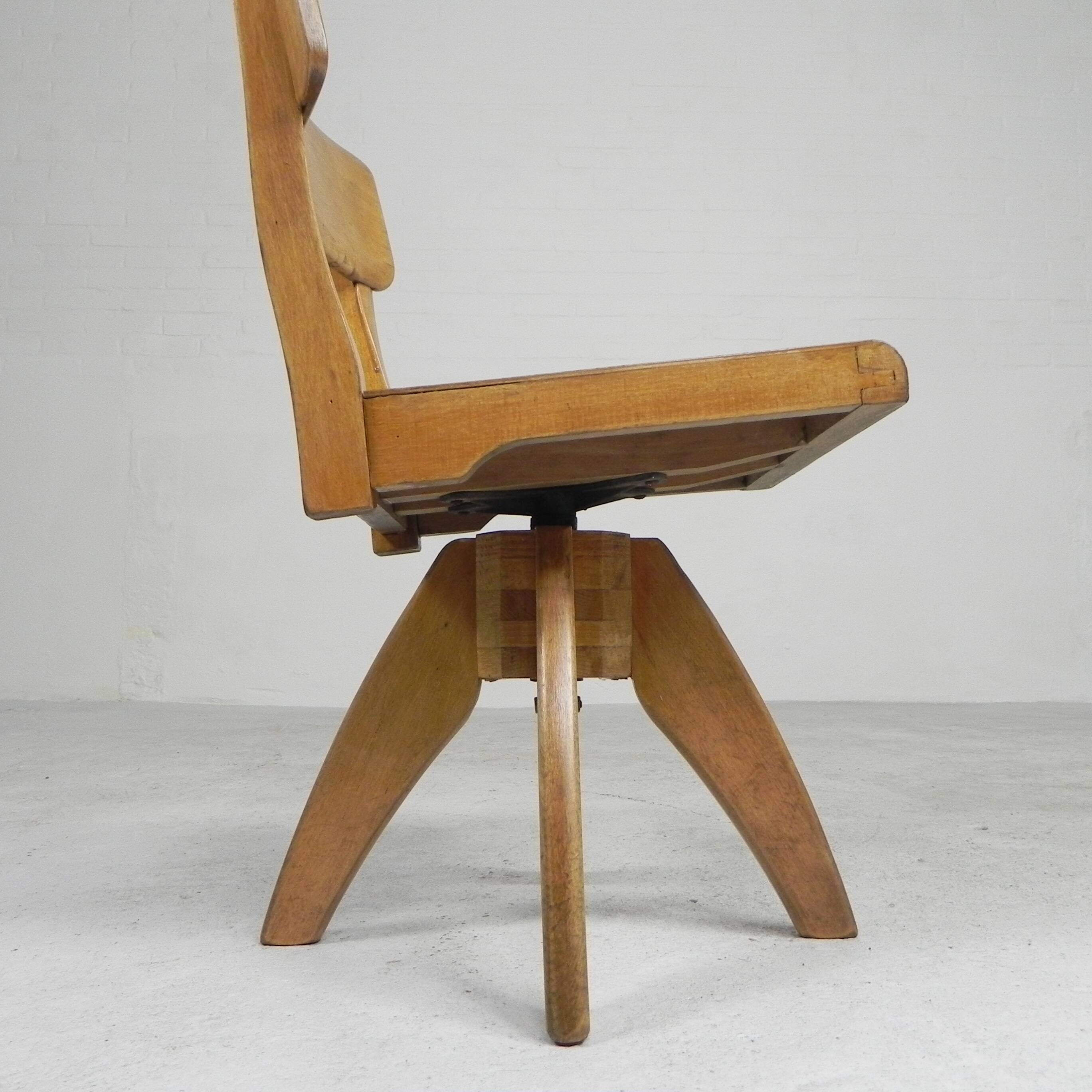 Wooden high chair, swivel chair, school chair, 1950s