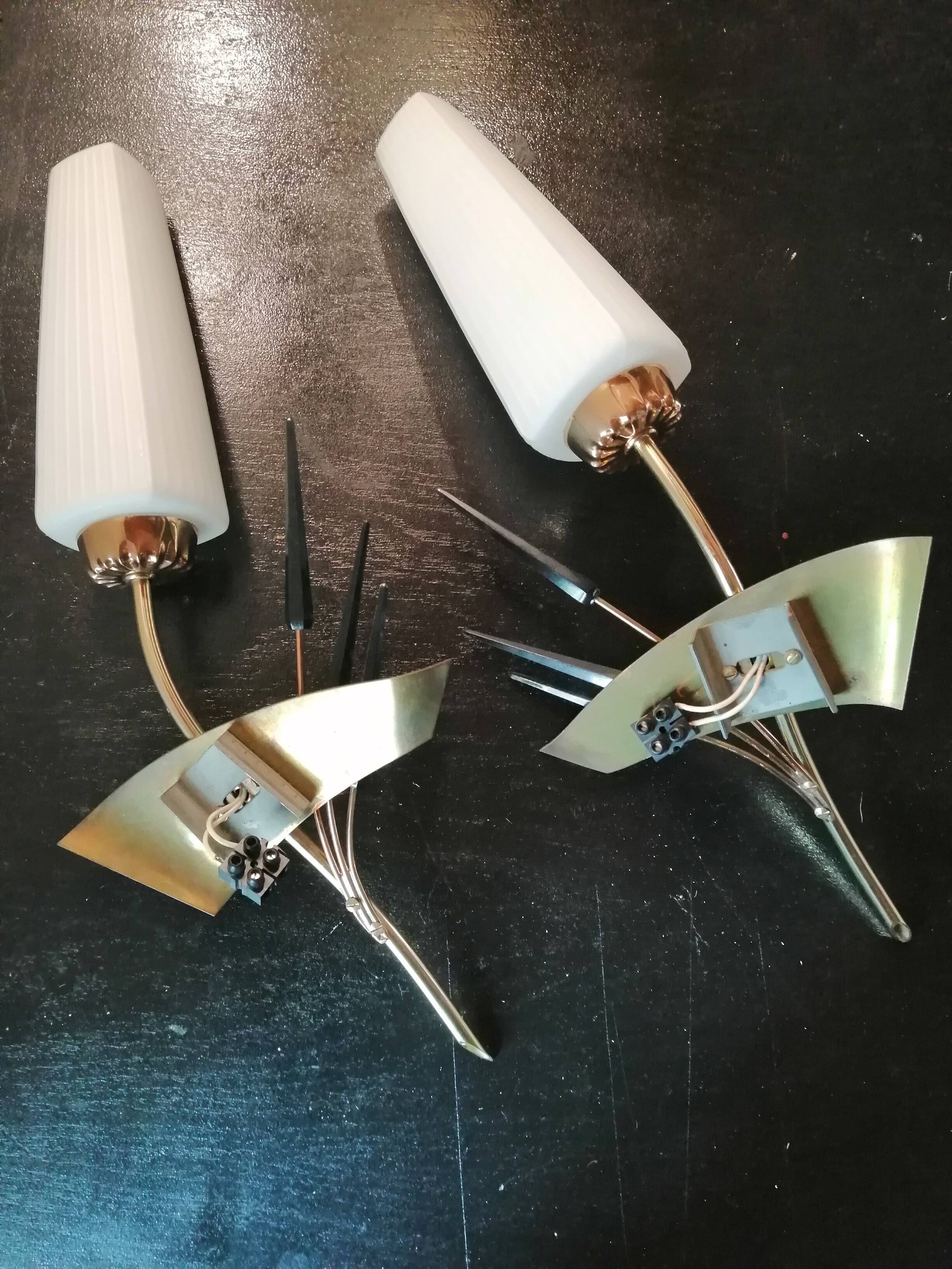 Pair of vintage brass and white glass sconces 1950-60