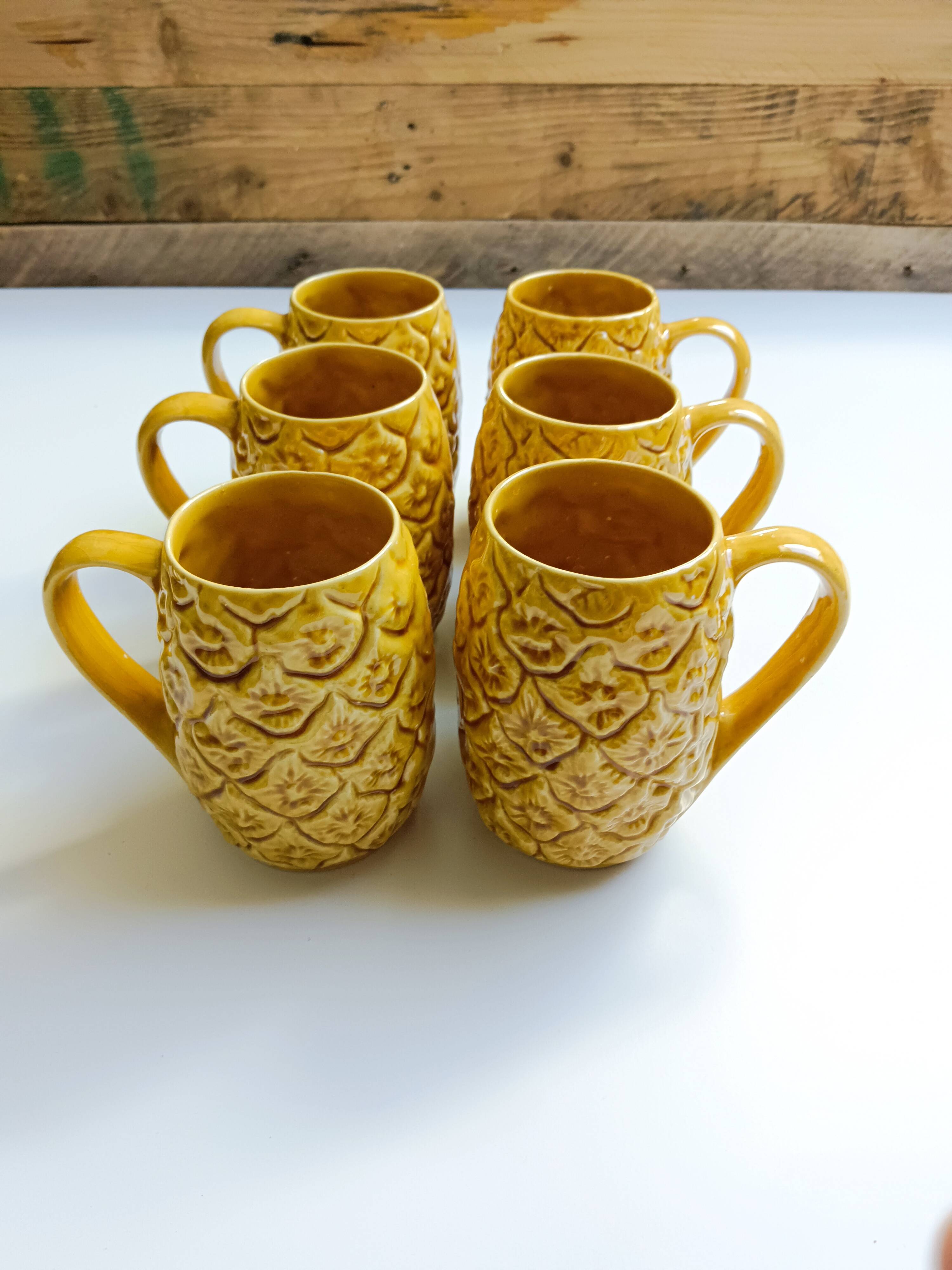 Handmade yellow pineapple mugs signed Kerangol made in Portugal.