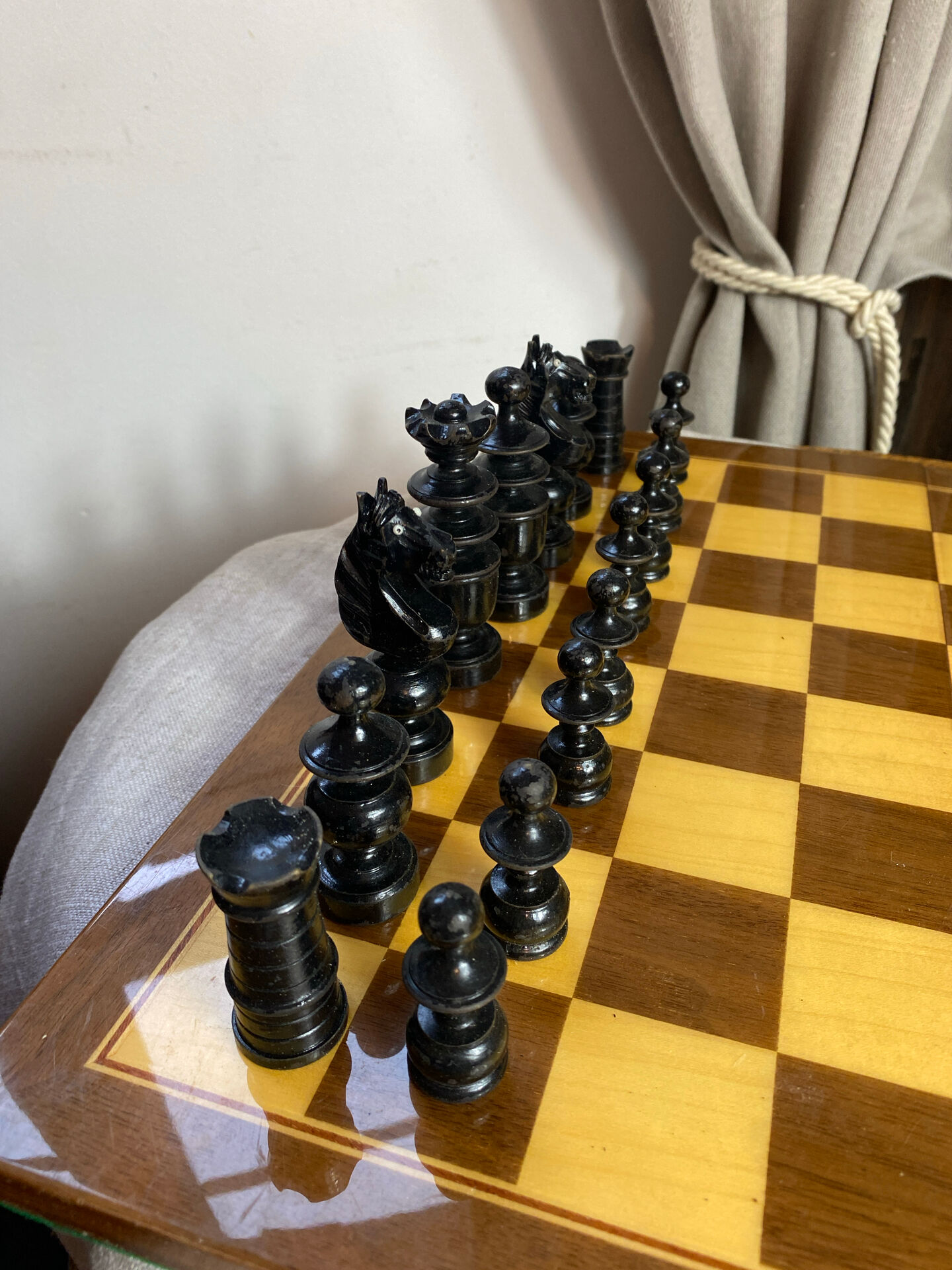 Chess set with wooden board and pieces