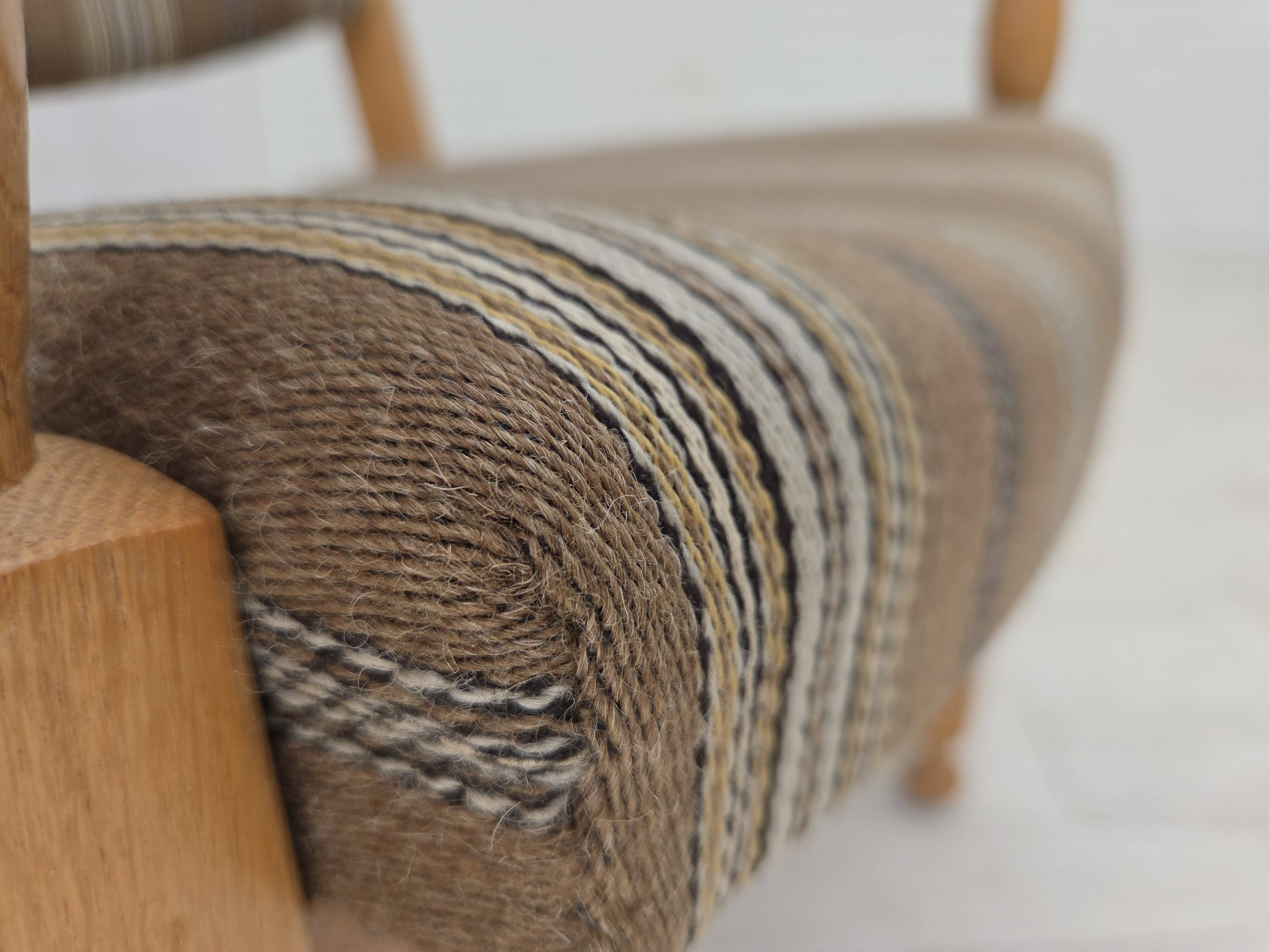 1970s, pair of Scandinavian armchairs, furniture wool, solid oak wood.