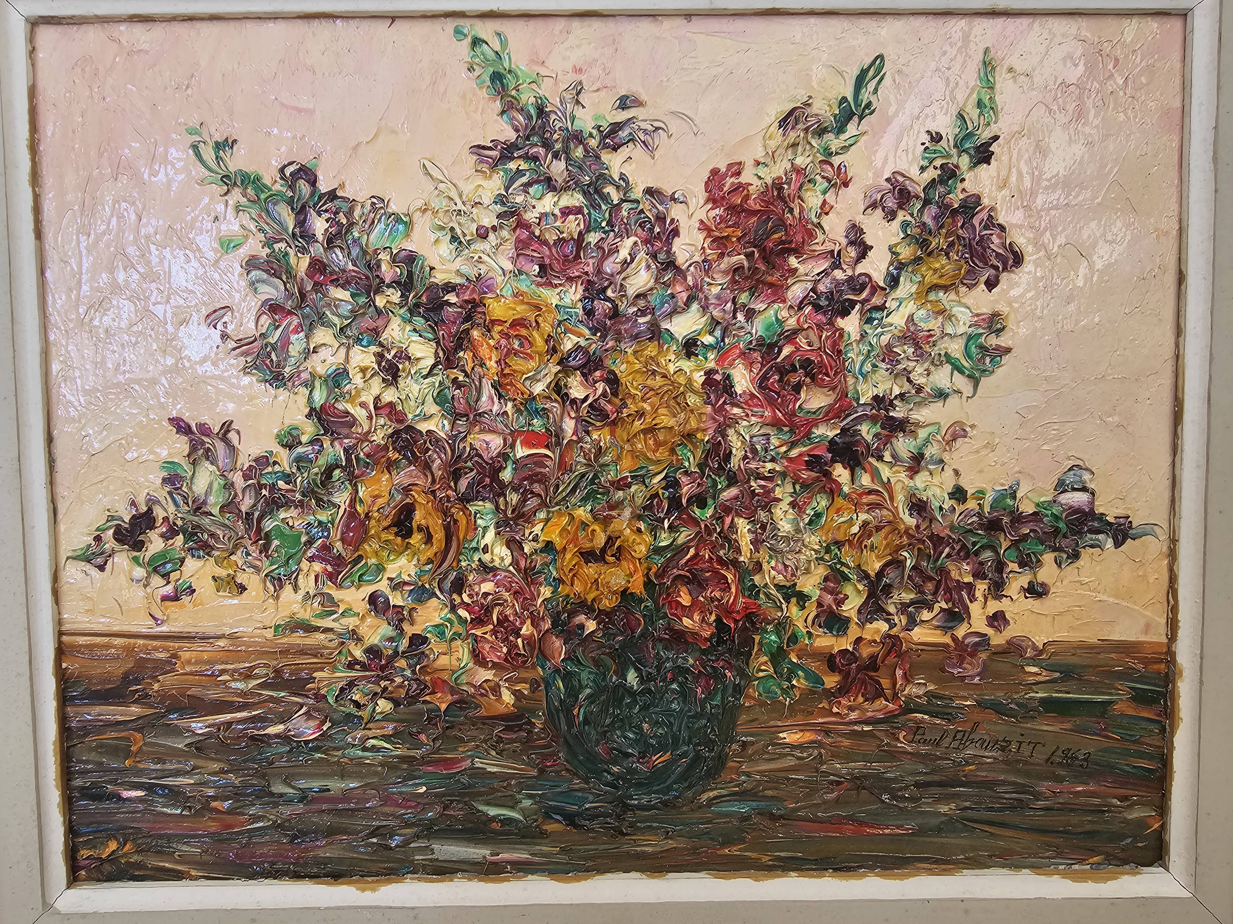 Oil on canvas - Bouquet of flowers with a knife Signed Paul Abouzit