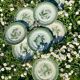 11 old dessert plates from the Pexonne earthenware factory, green and cream fruit decoration