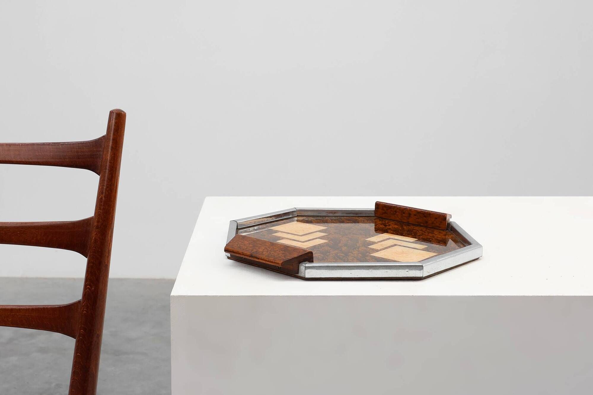 Art Deco Whiskey Tray in Metal and Wood, Belgium 1920s