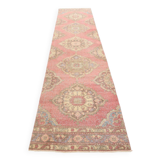 Tapis de couloir vintage en laine douce crème rouge pâle 3 x 12