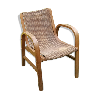 Fauteuil rotin et bois année 50