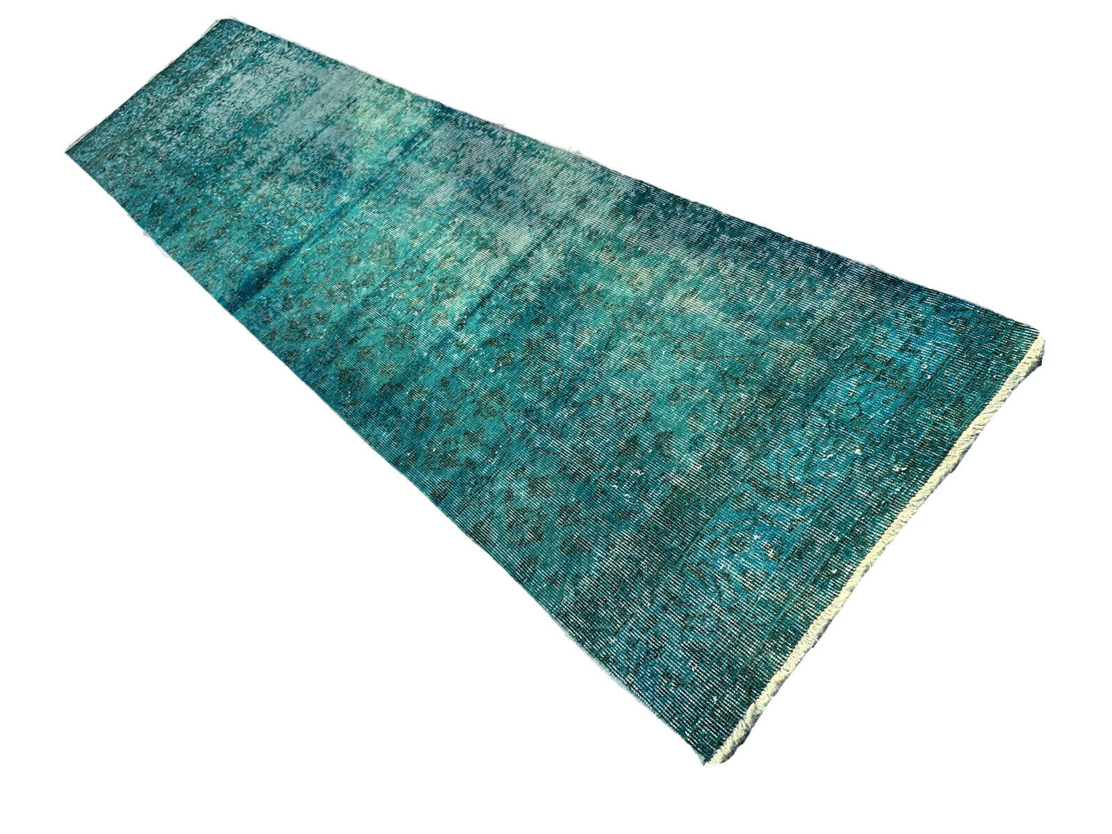 Distressed Turkish Narrow Runner 304 x 76 cm Wool Vintage rug, Overdyed Turquoise