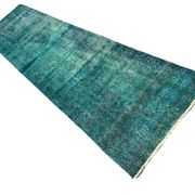 Distressed Turkish Narrow Runner 304 x 76 cm Wool Vintage rug, Overdyed Turquoise