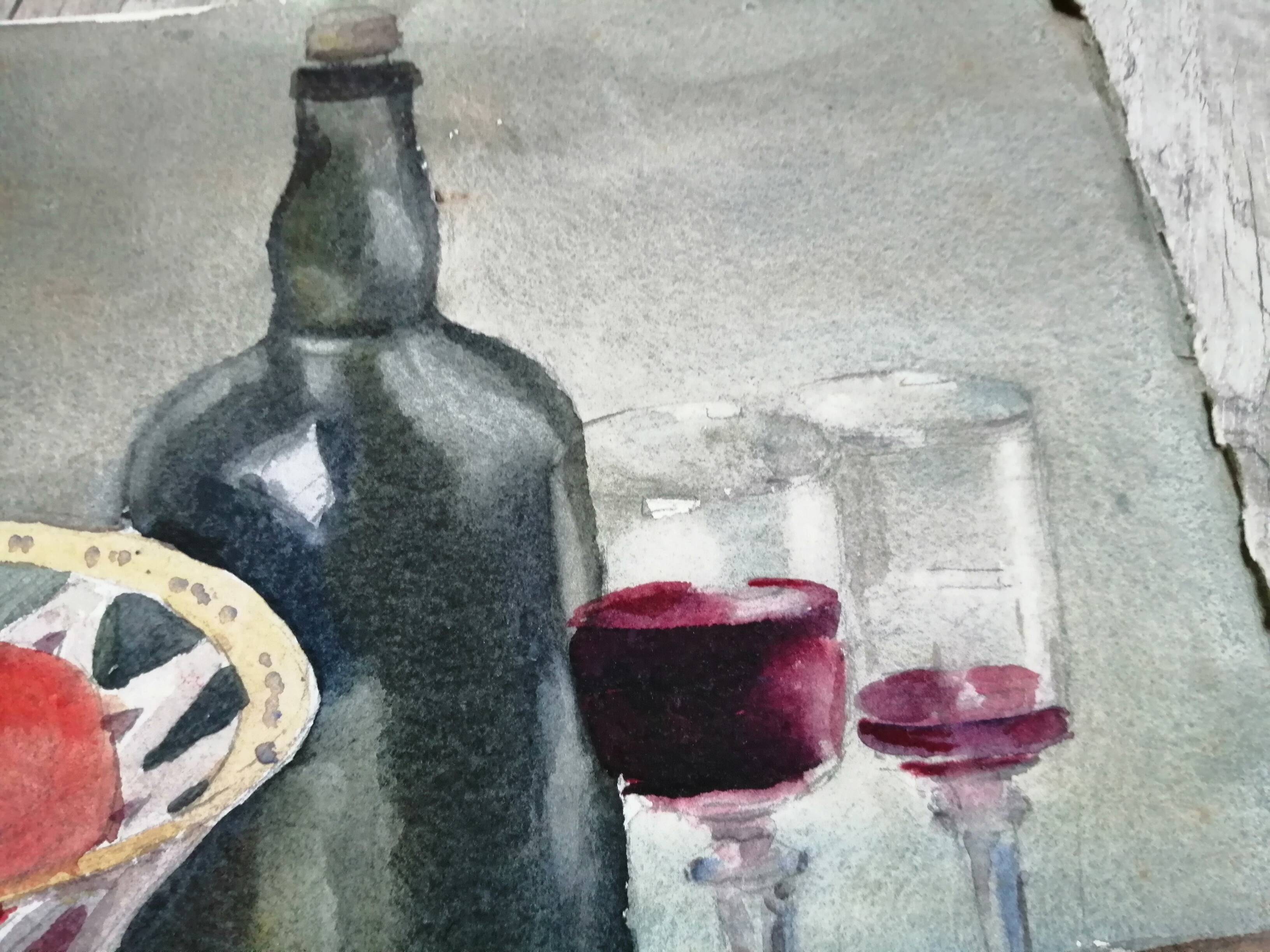 Still life "wines and fruits" Watercolor signed L.Roland