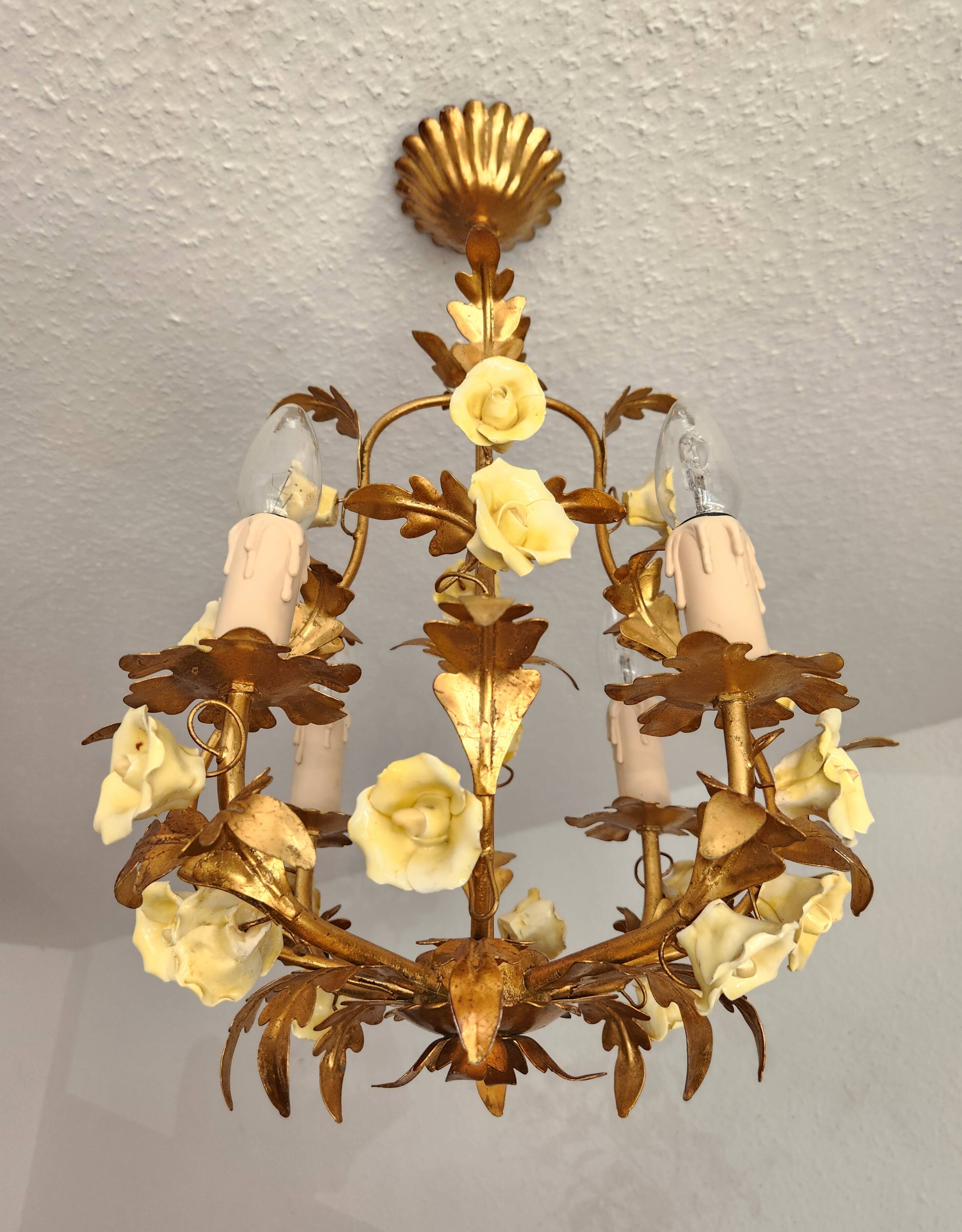 Vintage gilded hand-forged Florentine ceiling light with porcelain roses.