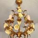 Vintage gilded hand-forged Florentine ceiling light with porcelain roses.