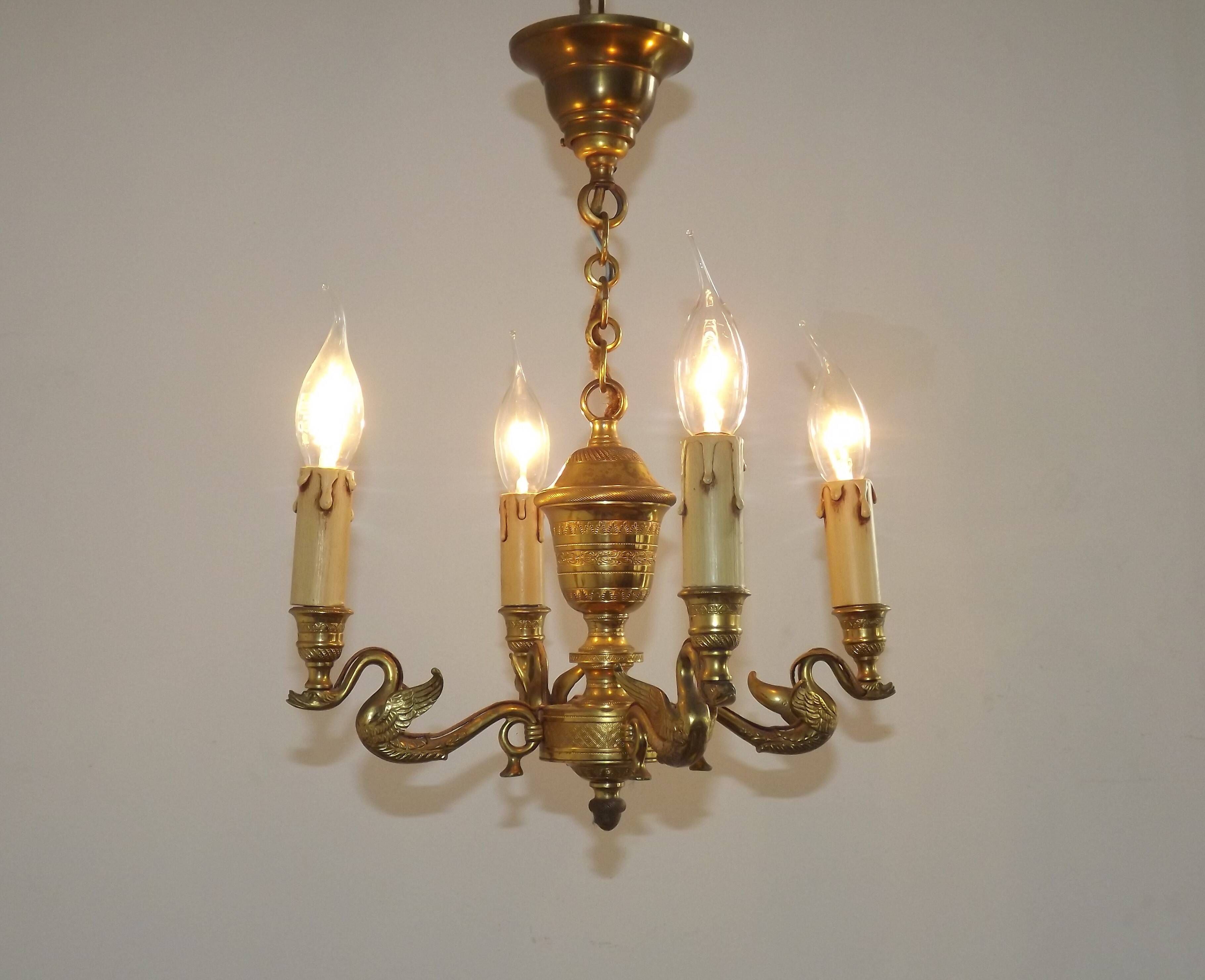 French Empire Style Bronze 4-Light Chandelier with Swan Detail Arms