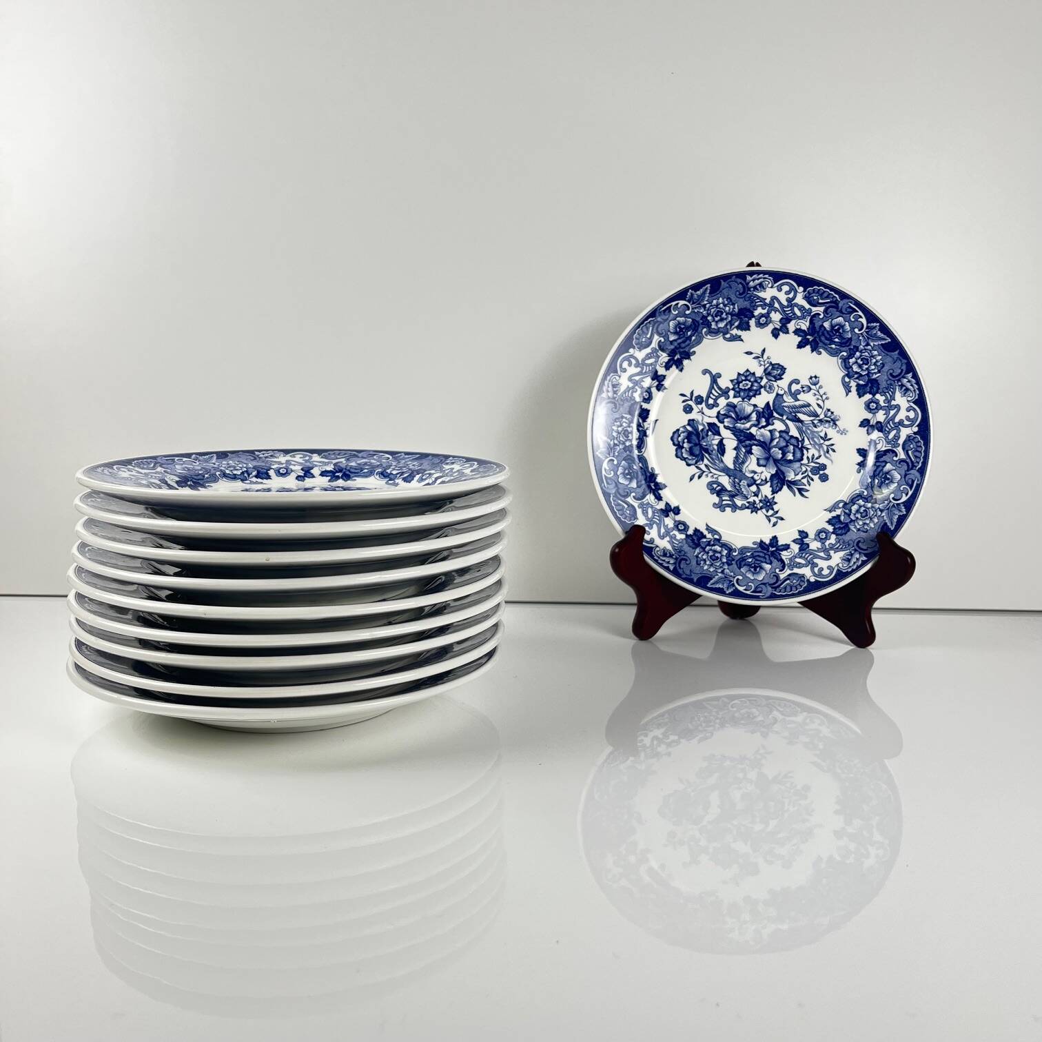 Set of 10 blue earthenware dessert plates with floral and bird decoration
