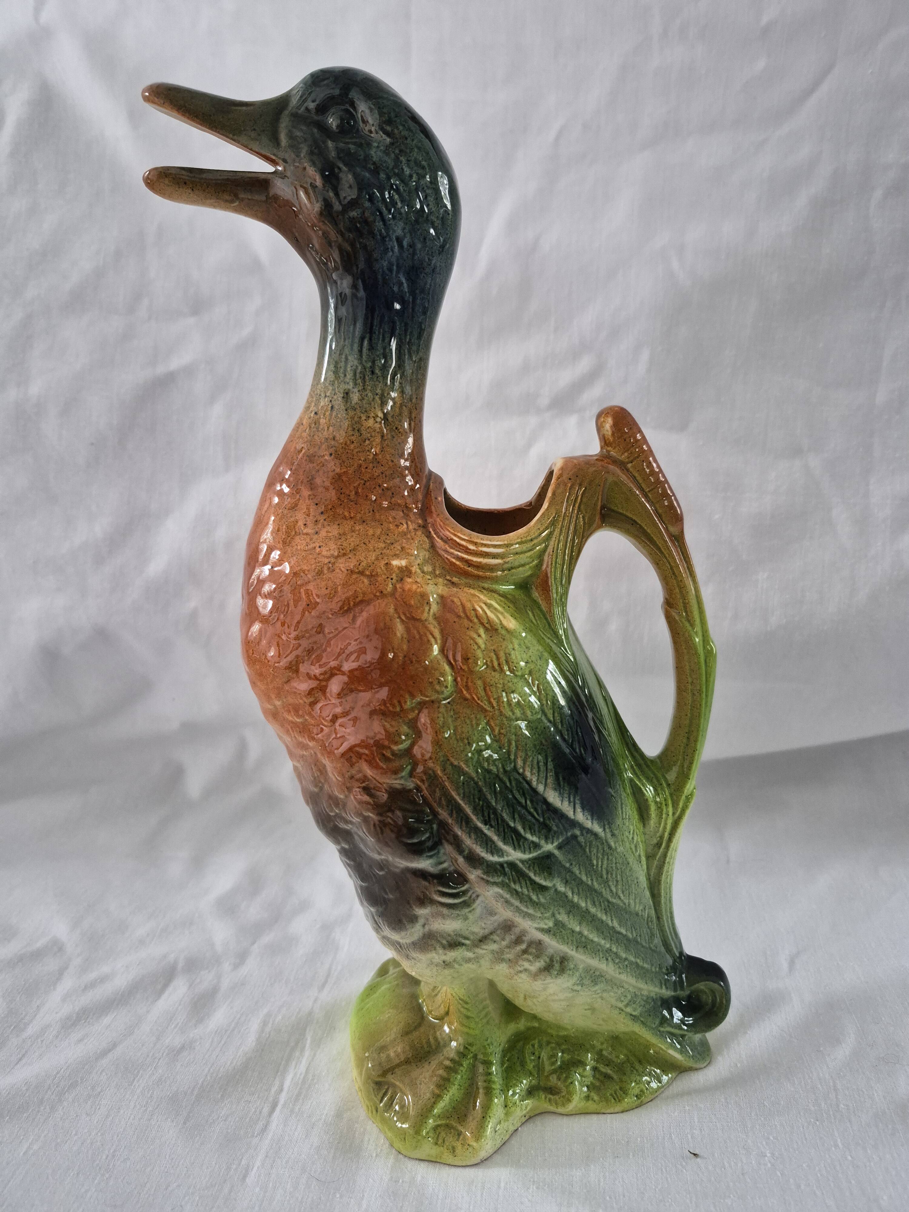Old barbotine jug Saint Clément Mallard Duck A027
