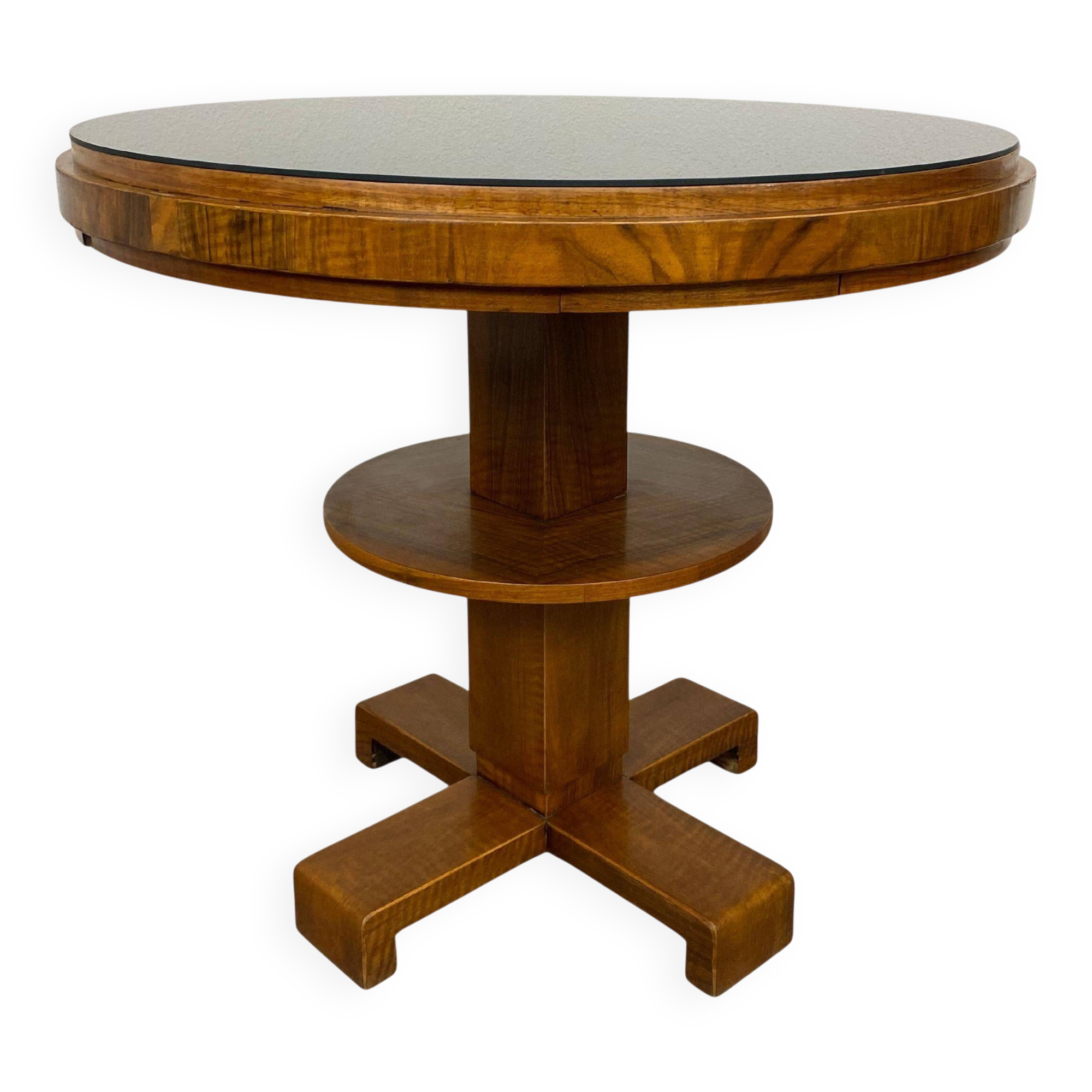 Art Deco game table with a black glass top.