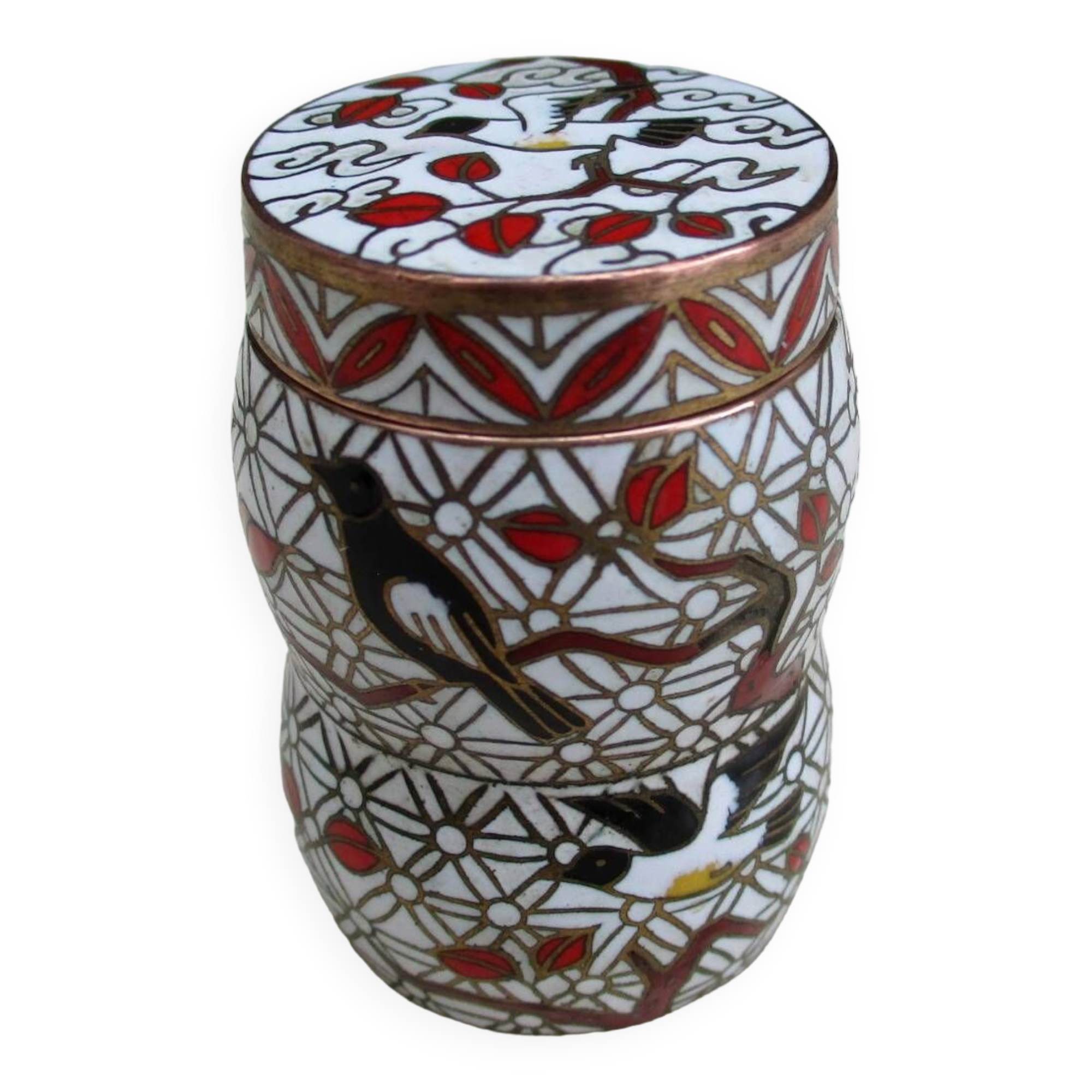 Tall cloisonné enamel box decorated with birds