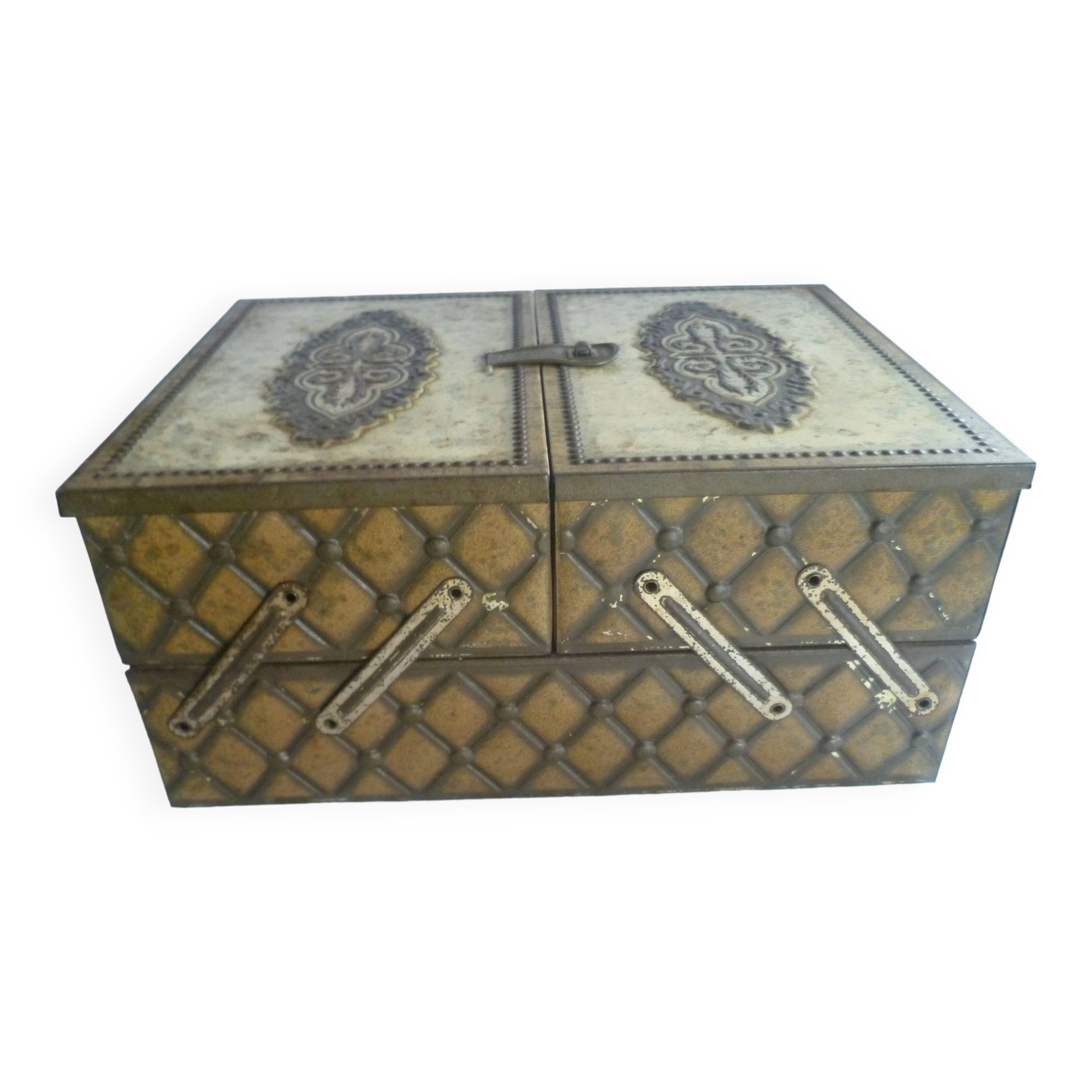 Iron sewing box, old Victoria biscuit tin, collector's item