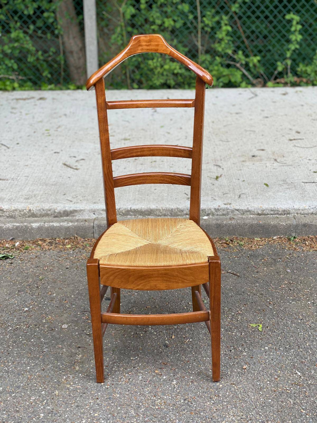 Solid wood and straw valet chair with hanger and drawer